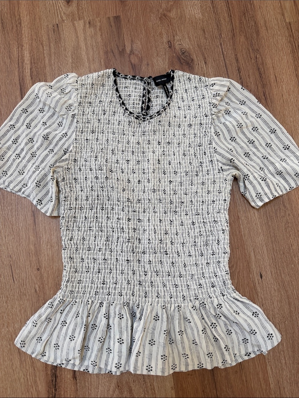 Isabel Marant Cream & Black Silk Smocked Peplum Blouse, size 42 (US 10) - Picture 2 of 4